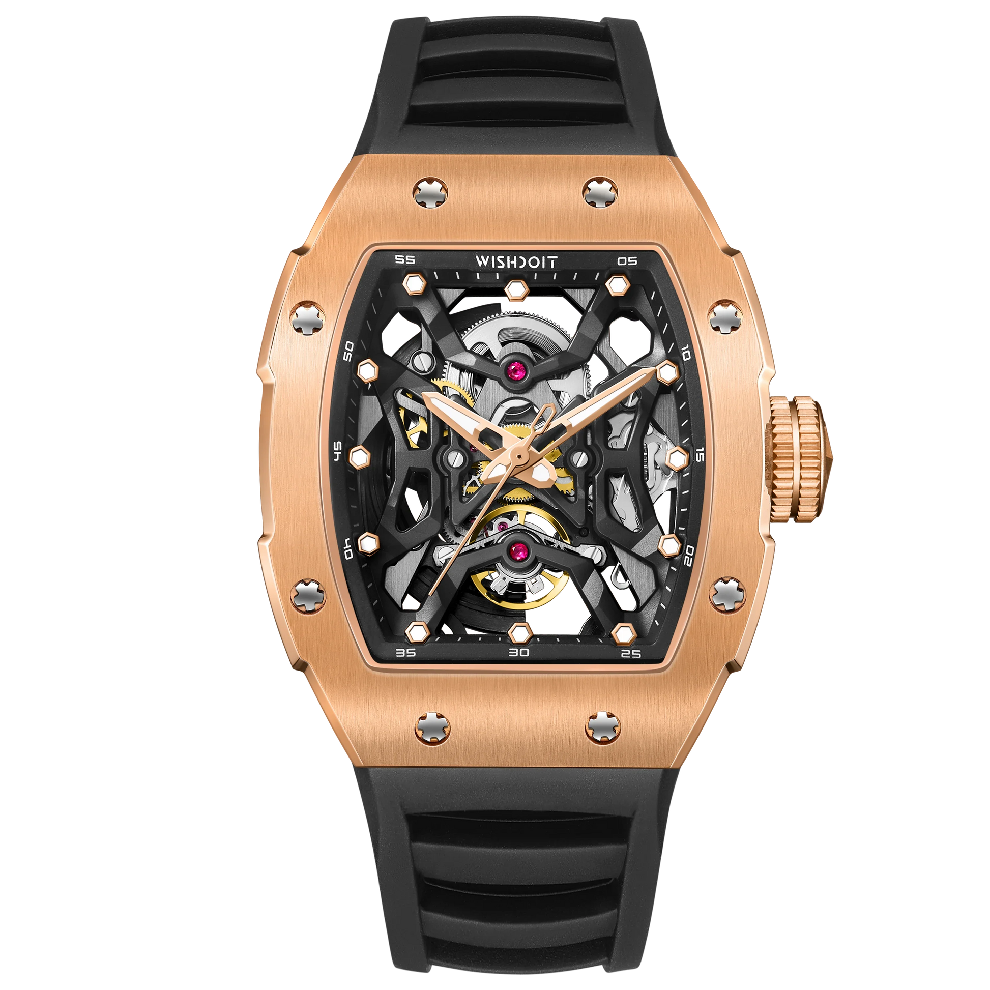 Wishdoit Watches Tonneau Luxury Automatic Mechanical Aerial Prism Skeleton watch | Fluorine Rubber Watch Strap|Rose Gold (Black Strap)