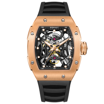 Wishdoit Watches Tonneau Luxury Automatic Mechanical Aerial Prism Skeleton watch | Fluorine Rubber Watch Strap|Rose Gold (Black Strap)