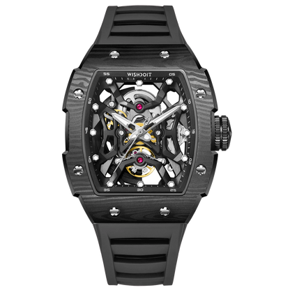 Wishdoit Watches Tonneau Luxury Automatic Mechanical Aerial Prism Skeleton watch | Fluorine Rubber Watch Strap|Black (Black Strap)