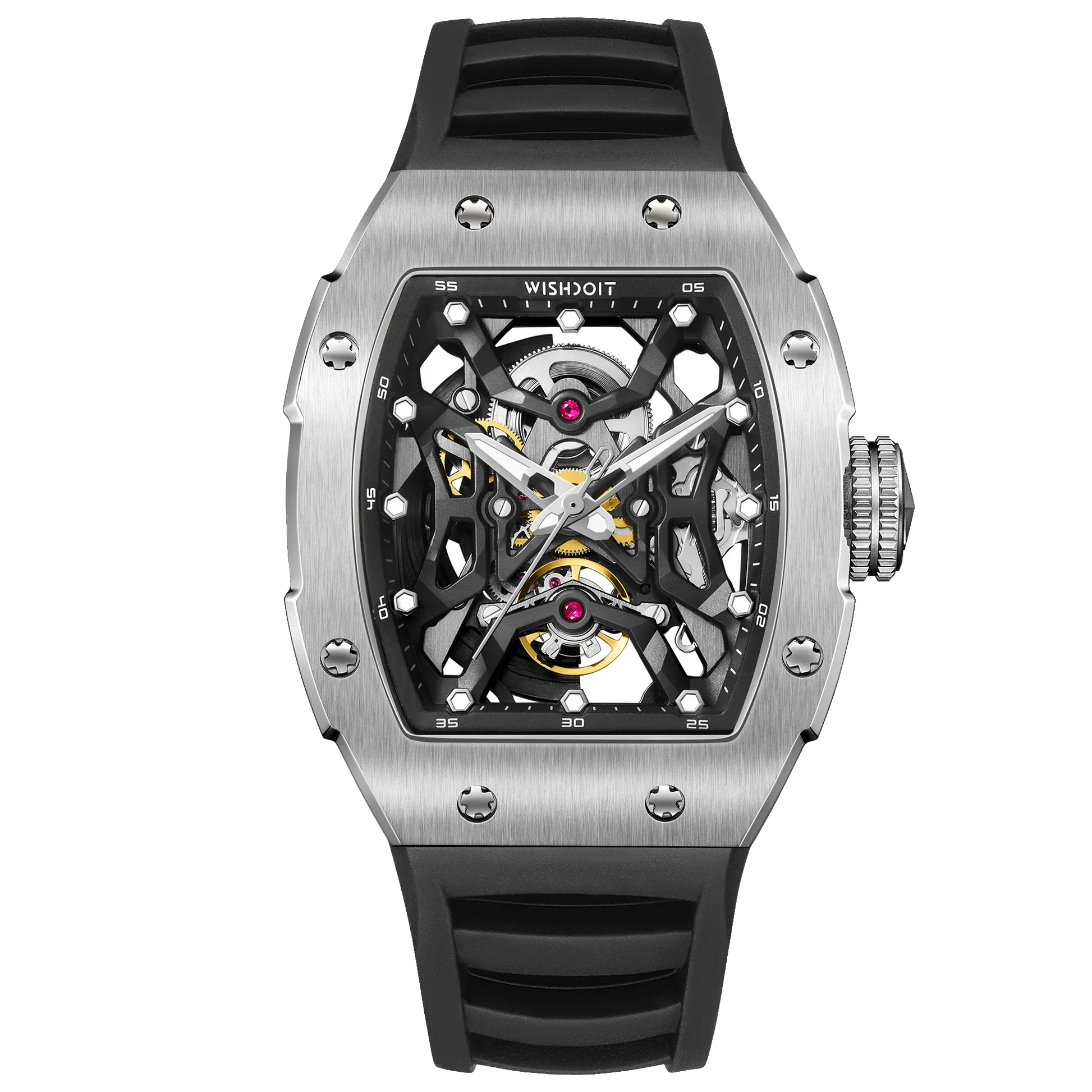 Wishdoit Watches Tonneau Luxury Automatic Mechanical Aerial Prism Skeleton watch | Fluorine Rubber Watch Strap|Silvery (Black Strap)