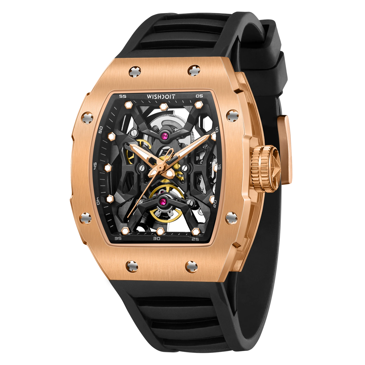 Wishdoit Watches Tonneau Luxury Automatic Mechanical Aerial Prism Skeleton watch | Fluorine Rubber Watch Strap|Rose Gold (Black Strap)