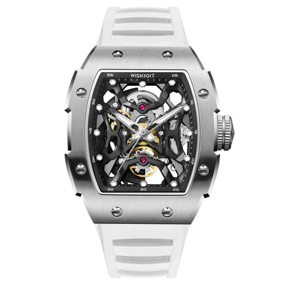 Wishdoit Watches Tonneau Luxury Automatic Mechanical Aerial Prism Skeleton watch | Fluorine Rubber Watch Strap|Silvery (White Strap)