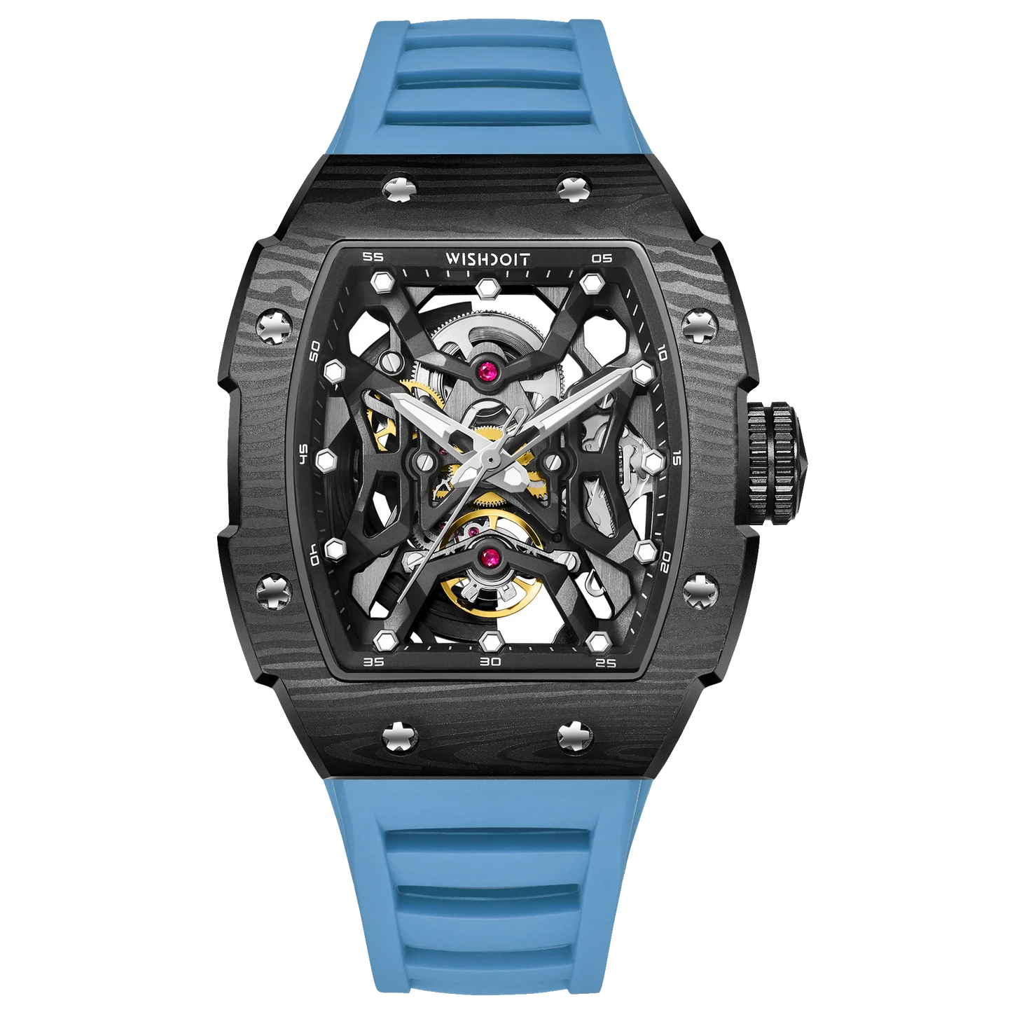 Wishdoit Watches Tonneau Luxury Automatic Mechanical Aerial Prism Skeleton watch | Fluorine Rubber Watch Strap|Black (Light Blue Strap)