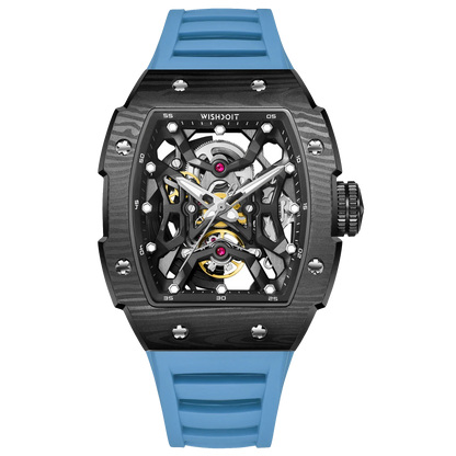 Wishdoit Watches Tonneau Luxury Automatic Mechanical Aerial Prism Skeleton watch | Fluorine Rubber Watch Strap|Black (Light Blue Strap)