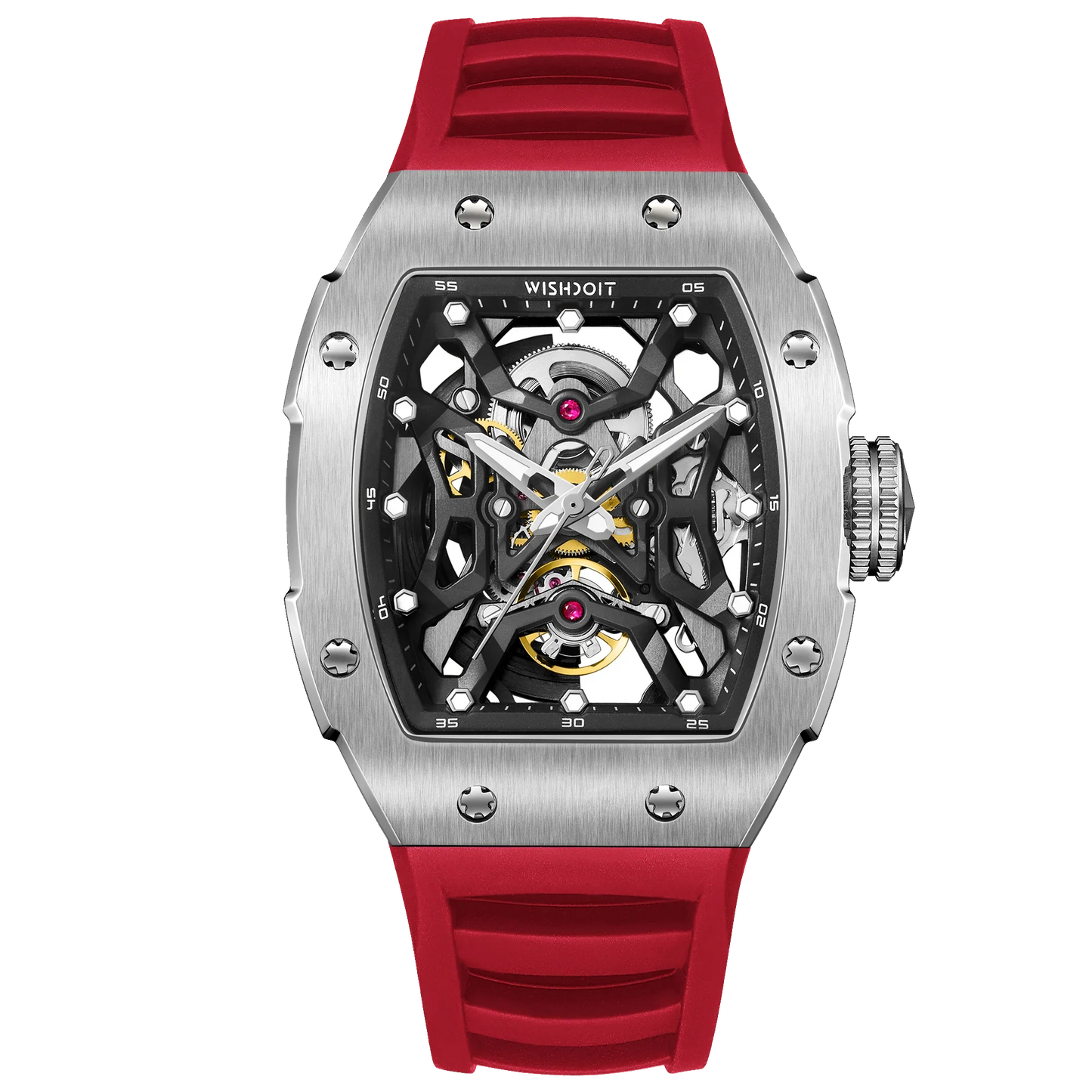 Wishdoit Watches Tonneau Luxury Automatic Mechanical Aerial Prism Skeleton watch | Fluorine Rubber Watch Strap|Silvery (Red Strap)