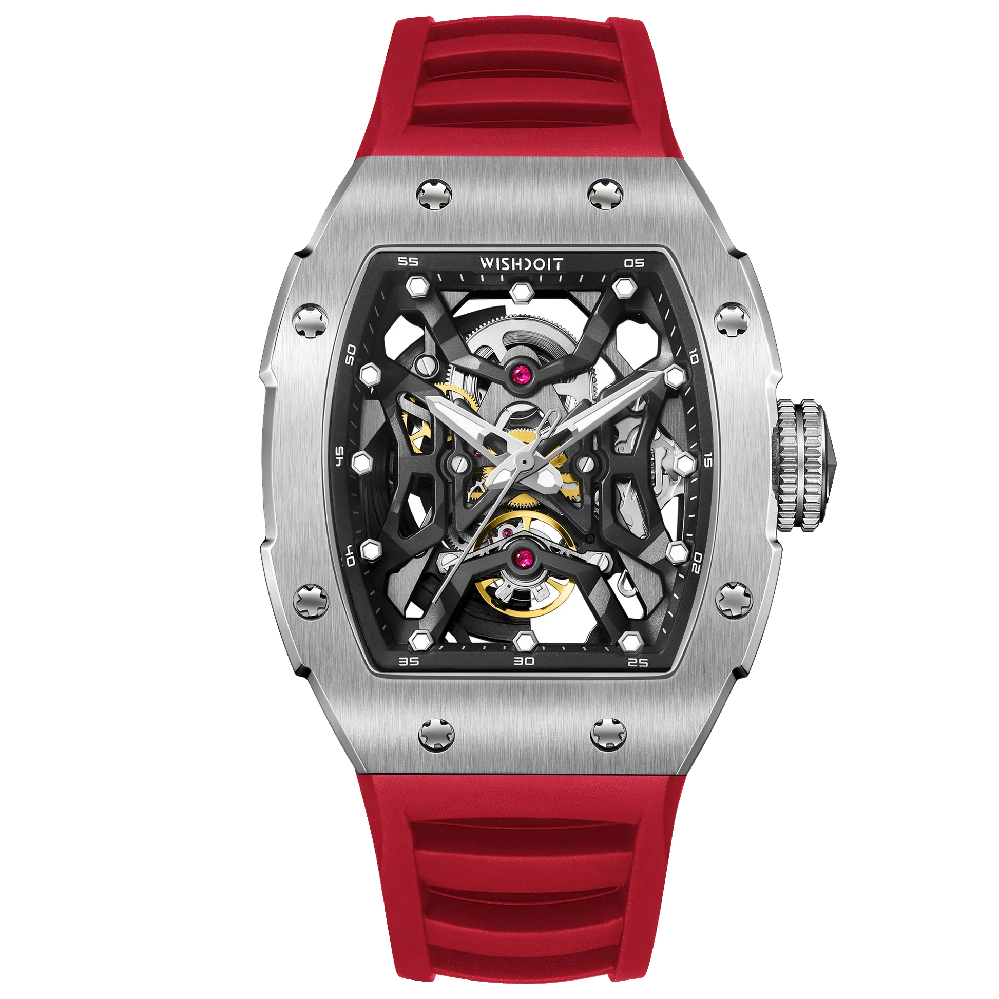 Wishdoit Watches Tonneau Luxury Automatic Mechanical Aerial Prism Skeleton watch | Fluorine Rubber Watch Strap|Silvery (Red Strap)