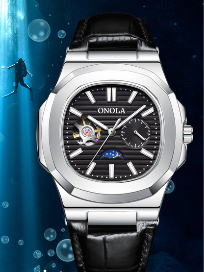 Men’s Hollow Automatic Mechanical Watch ONOLA 3855 – 3 ATM Waterproof Luxury Leather Strap