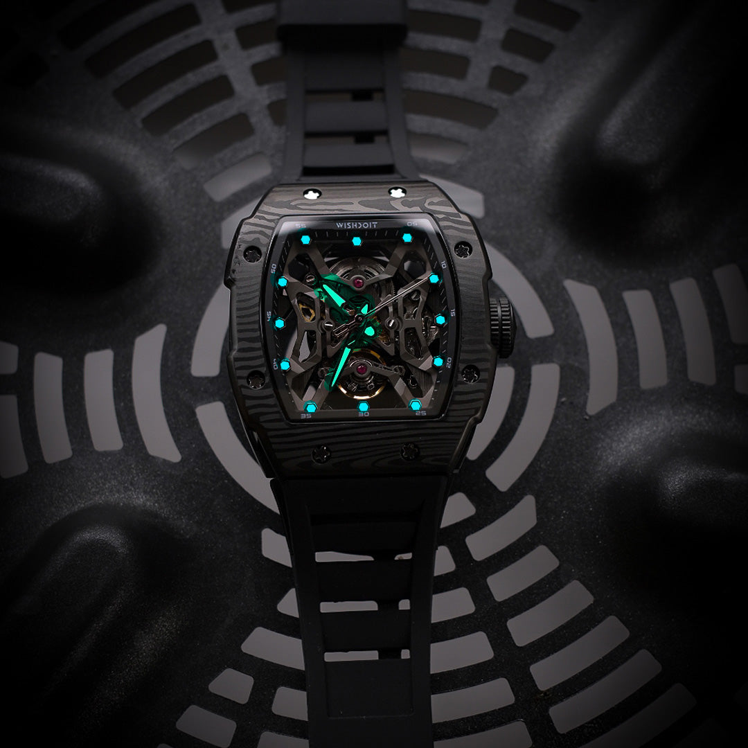 Wishdoit Watches Tonneau Luxury Automatic Mechanical Aerial Prism Skeleton watch | Fluorine Rubber Watch Strap|Black (Black Strap)