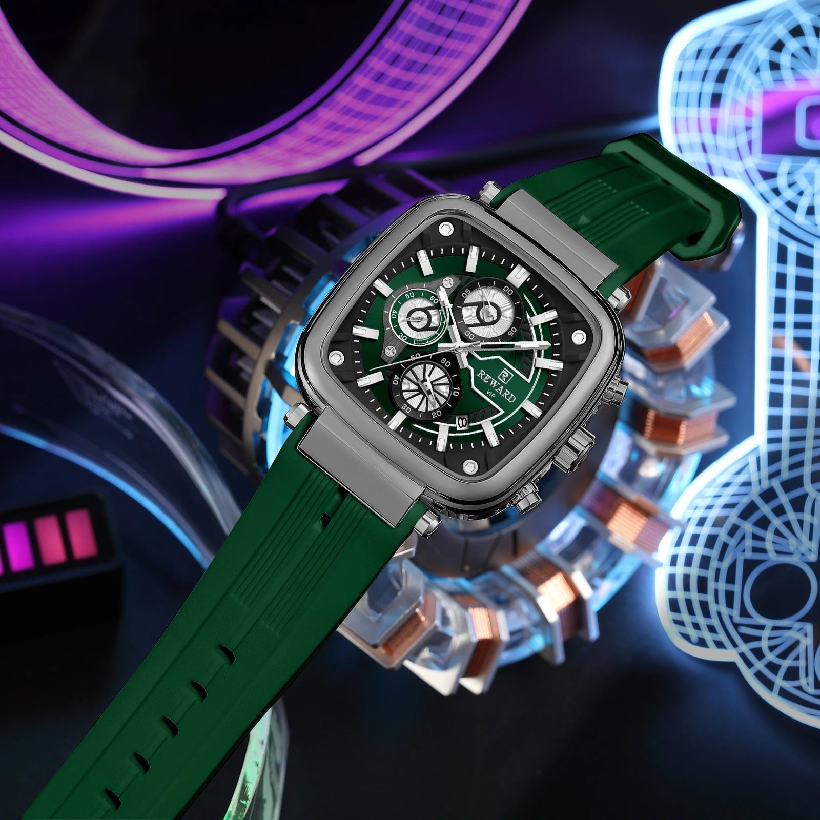 Reward Square Men's Watch – Silicone Band | Chronograph | Waterproof