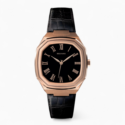 Rose gold Belvans Heritage watch with black leather strap
